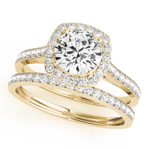 Single Row Halo Engagement Ring, style 50892, On hand view in yellow gold
