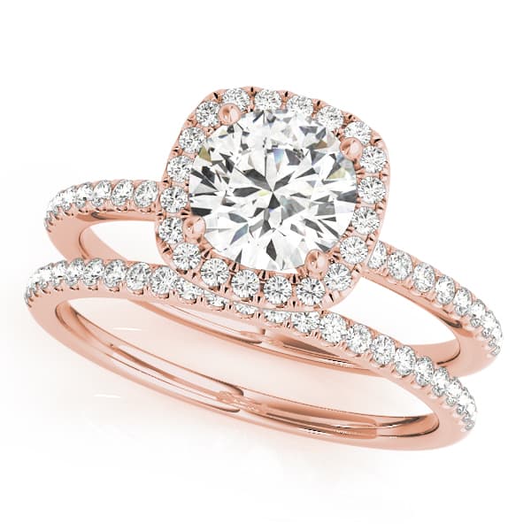Single Row Prong Set Halo Engagement Ring, style 50893, On hand view in rose gold