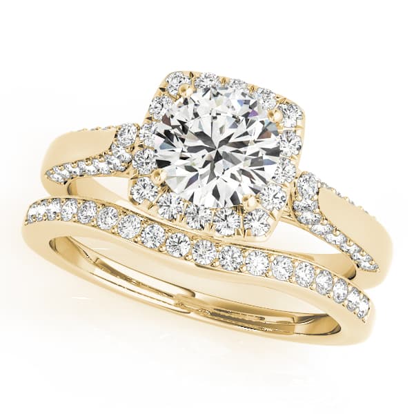 Solitaire Halo Engagement Ring, style 50903, On hand view in yellow gold