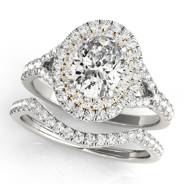 Oval Double Halo Split Shank Engagement Ring, style 50953, On hand view in yellow gold