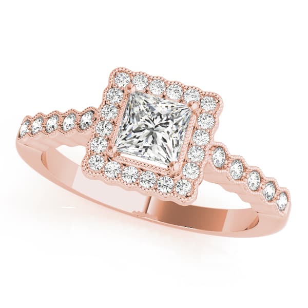 Antique Style Halo Milgrain Engagement Ring, style 51024, Front view in rose gold