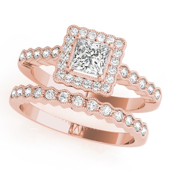 Antique Style Halo Milgrain Engagement Ring, style 51024, On hand view in rose gold
