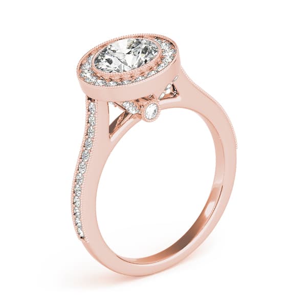 Antique Style Milgrain Halo Engagement Ring, style 51076, Angle view in rose gold