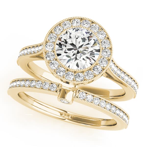 Antique Style Milgrain Halo Engagement Ring, style 51076, On hand view in yellow gold