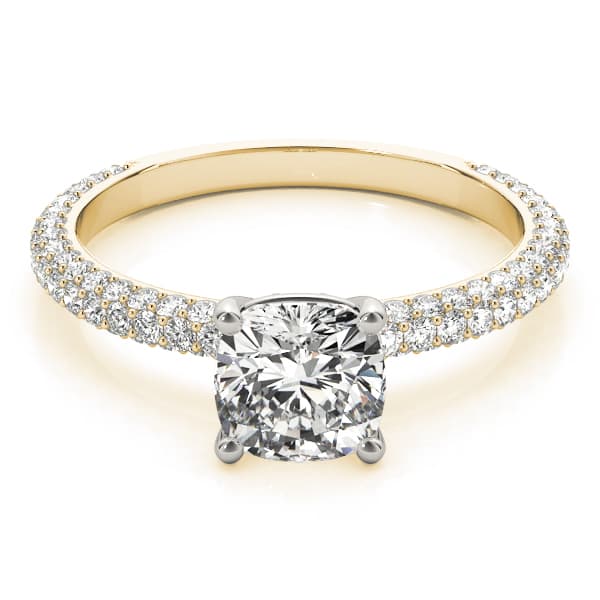Pavé Set With Cushion Peg-Head Engagement Ring, style 51093, On hand view in yellow gold