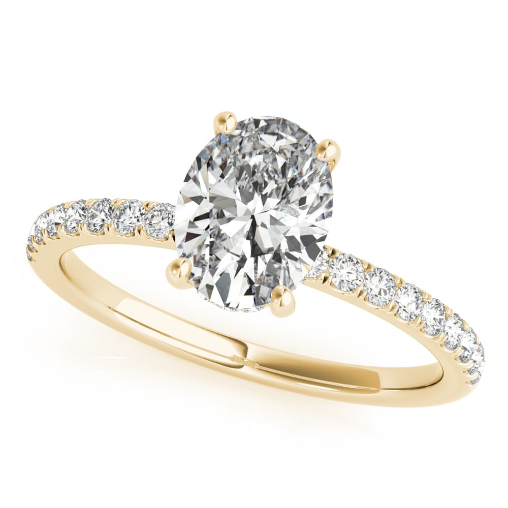 Oval Hidden Halo Engagement Ring, Diamond Band, style 51162, Front view in yellow gold