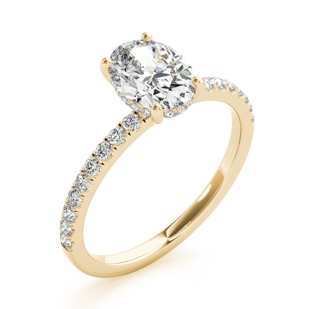 Oval Hidden Halo Engagement Ring, Diamond Band, style 51162, Angle view in yellow gold