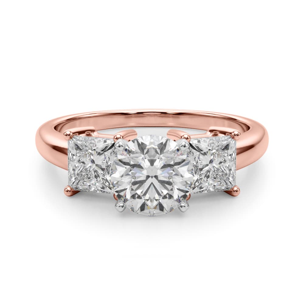 Three Stone Princess Cut Engagement Ring, style 51184, Angle view in rose gold