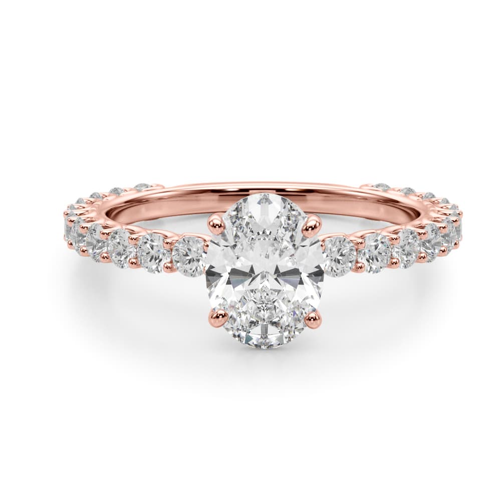 Oval Single Row Shared Prong Eng Ring, style 51195, Angle view in rose gold