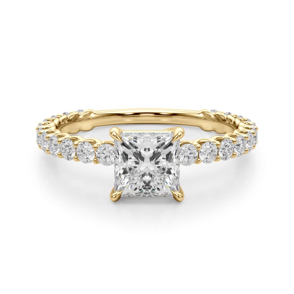 Pc Single Row Shared Prong Eng Ring, style 51202, Angle view in yellow gold