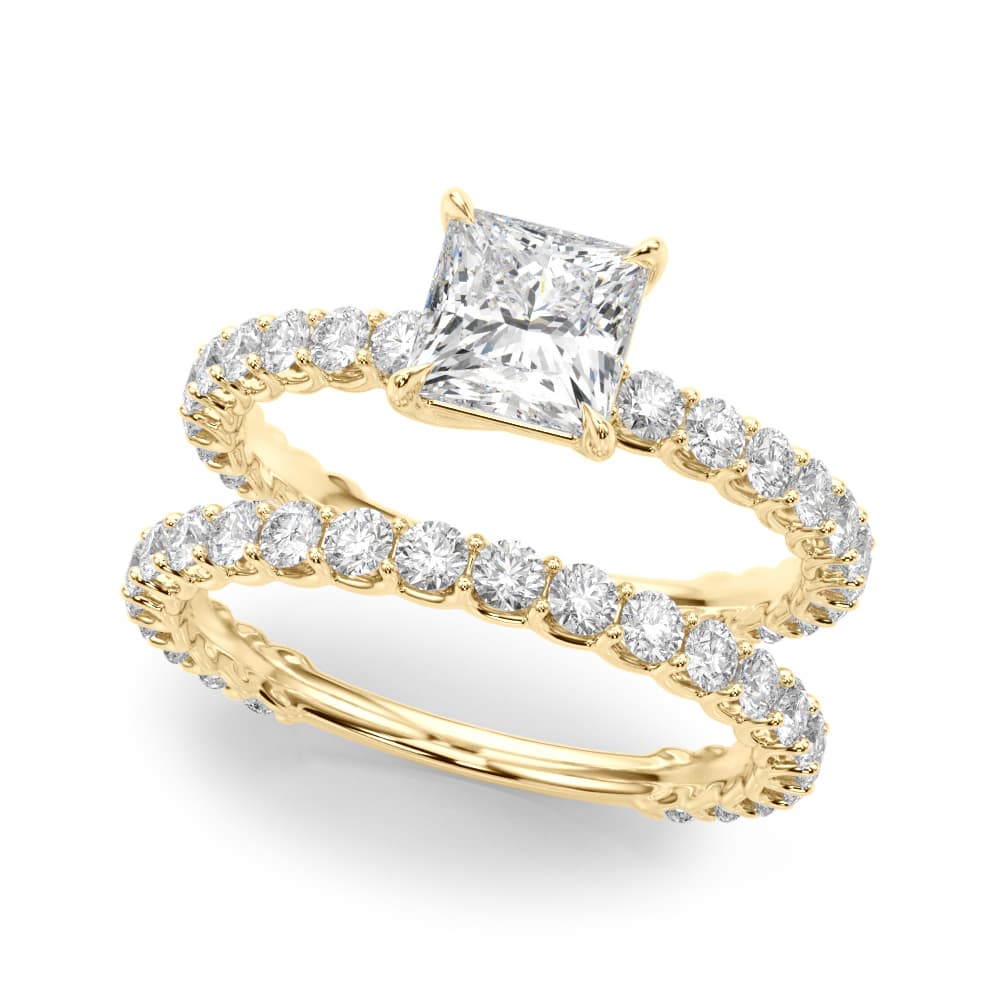 Pc Single Row Shared Prong Eng Ring, style 51202, On hand view in yellow gold