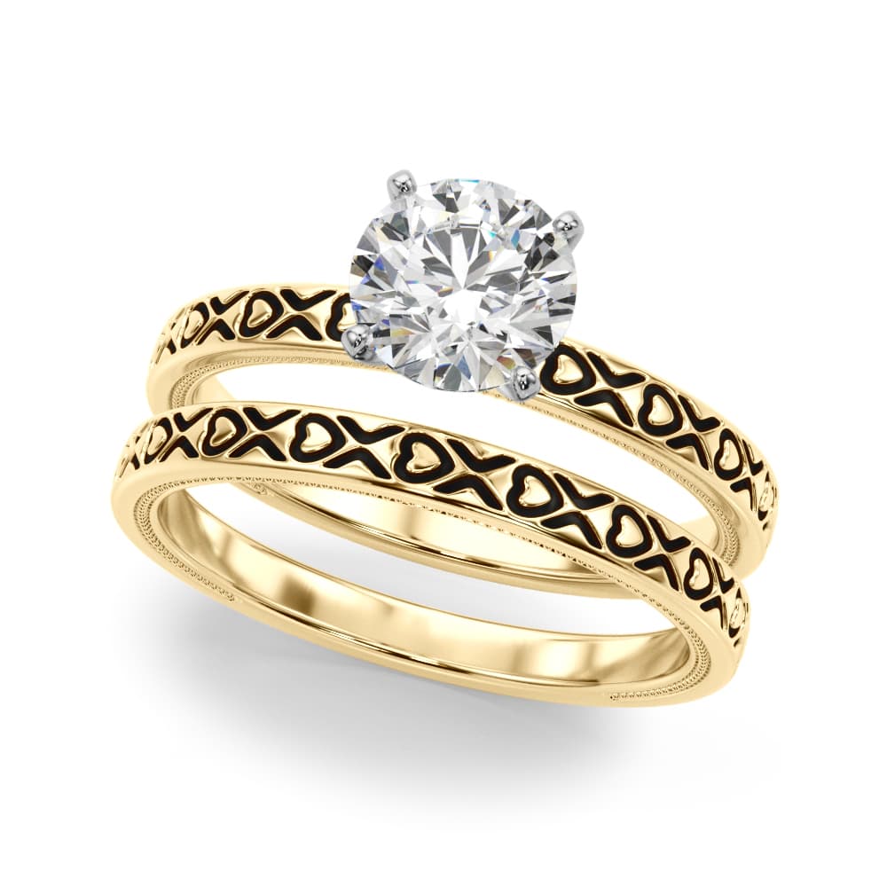 Vintage Style Heart Carved Engagement Ring, style 51219, On hand view in yellow gold