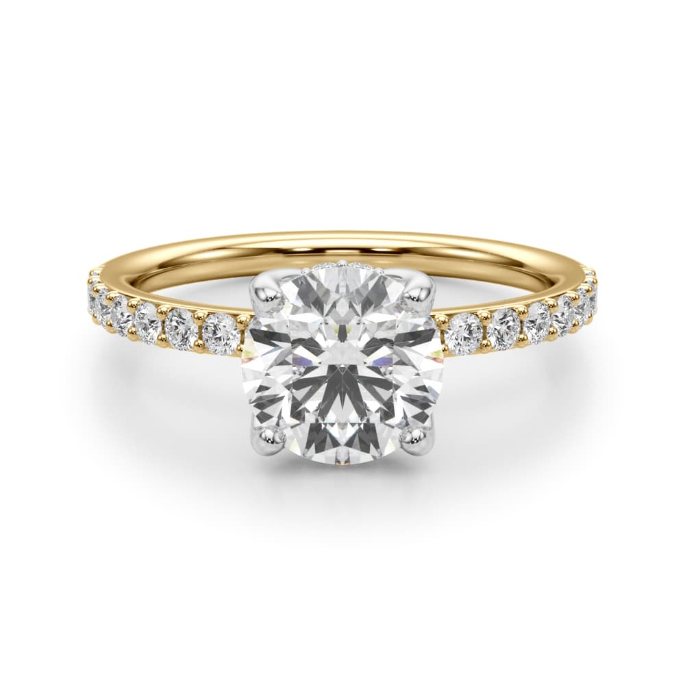 Single Row Hidden Halo Round Engagement Ring, style 51283, Angle view in yellow gold