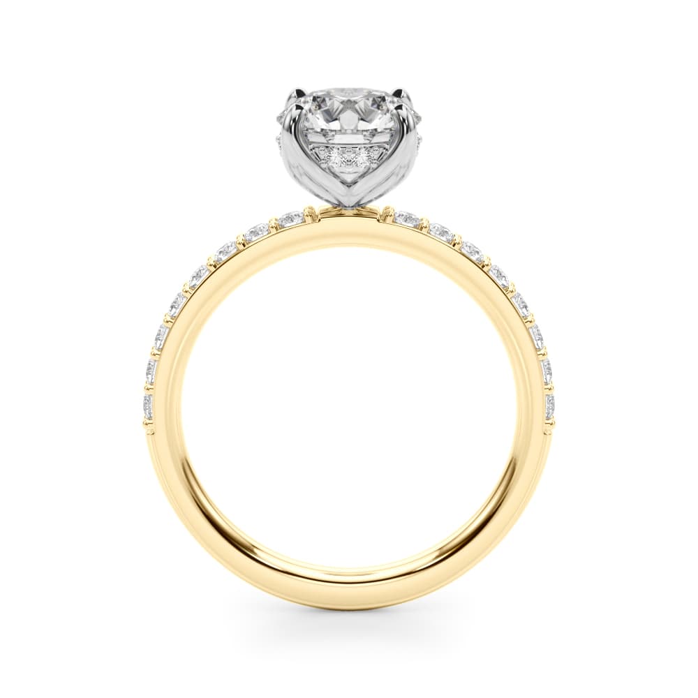 Single Row Hidden Halo Round Engagement Ring, style 51283, Side view in yellow gold