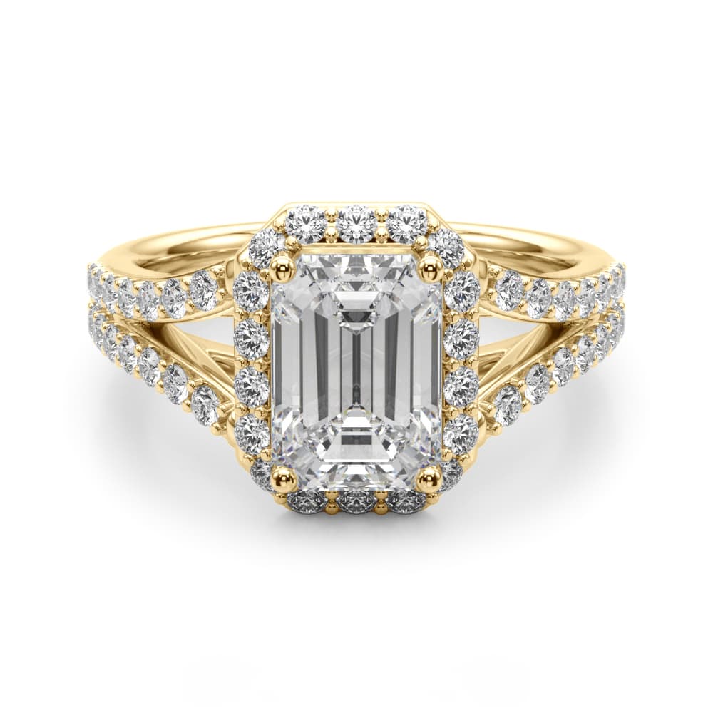 Split Shank Emerald Cut Halo Engagement Ring, style 51293, Angle view in yellow gold