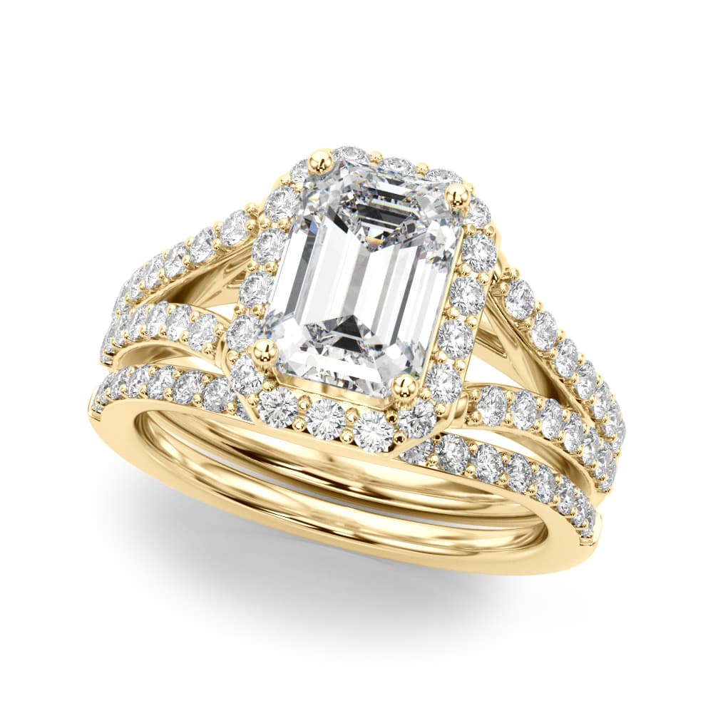 Split Shank Emerald Cut Halo Engagement Ring, style 51293, On hand view in yellow gold