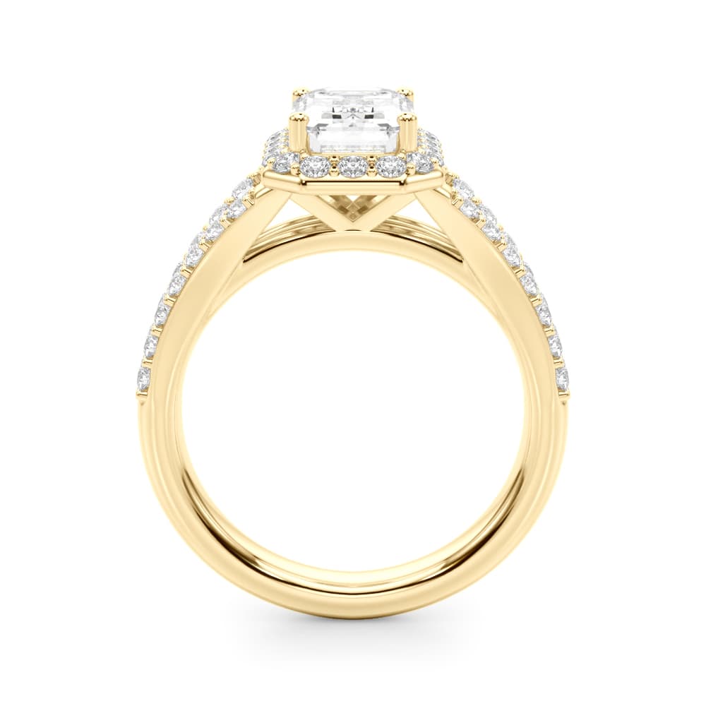 Split Shank Emerald Cut Halo Engagement Ring, style 51293, Side view in yellow gold