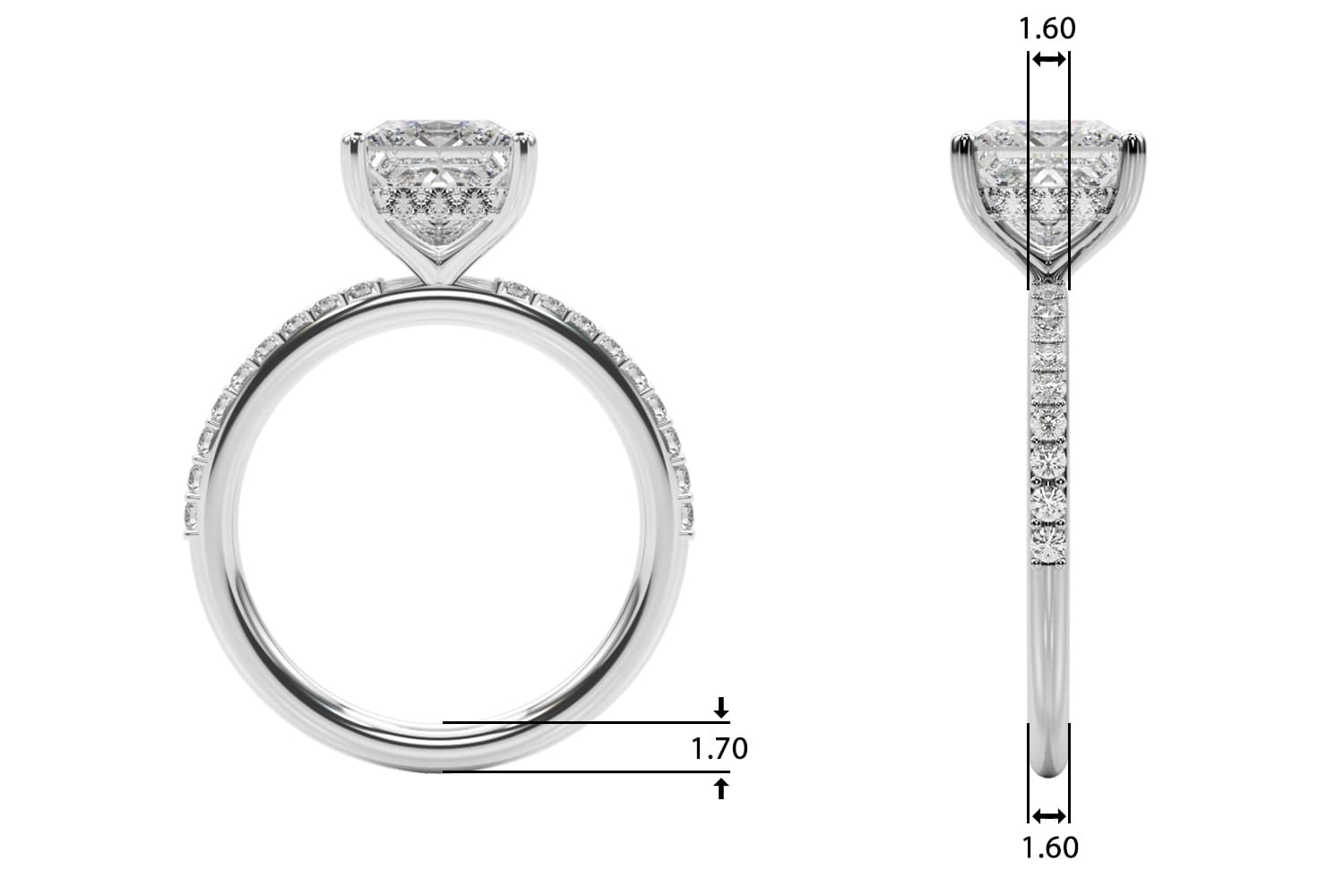 Single Row Hidden Halo Square Engagement Ring, style 51343, Top view in white gold or platinum
