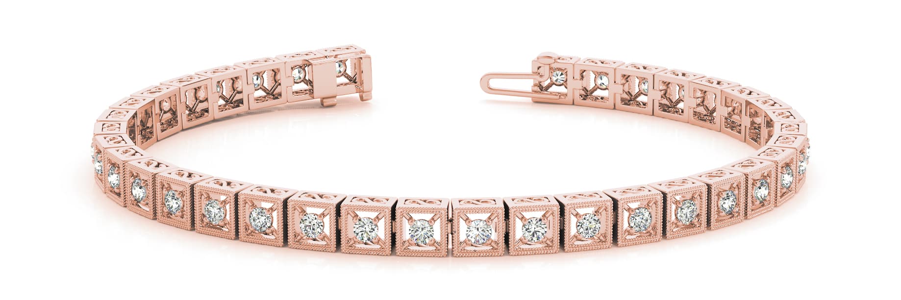 Sq Milgrain Bez/Prong Bracelet (1.08 ct. tw.), Front view in rose gold