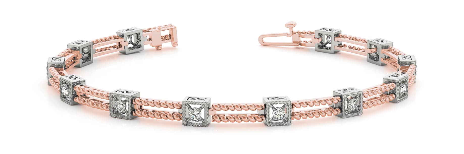 Sq/double Rope Bar Link Bracelet (3/8 ct. tw.), Front view in rose gold