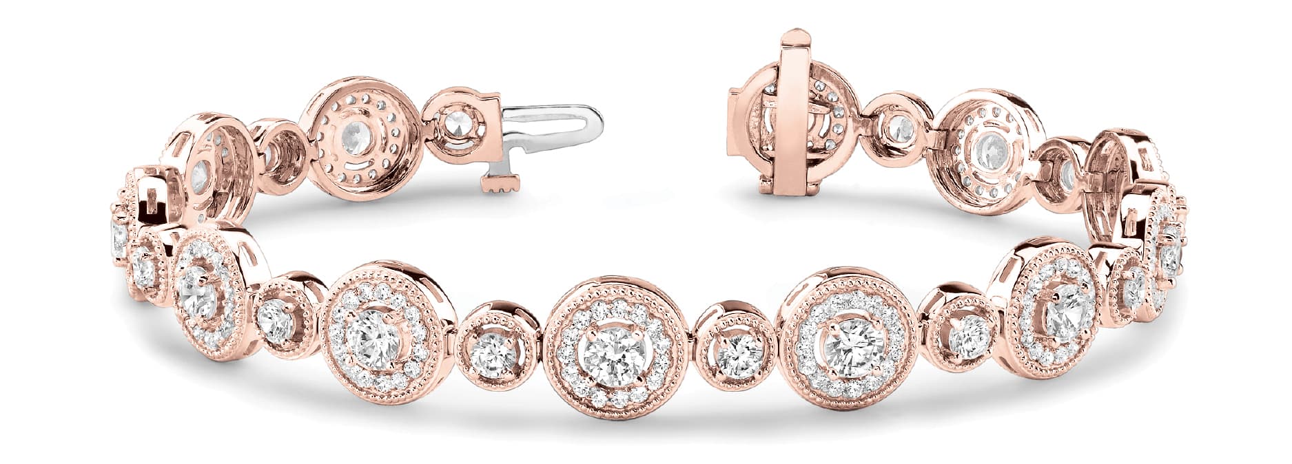 Round Milgrain Halo Link Bracelet (4 1/4 ct. tw.), Front view in rose gold