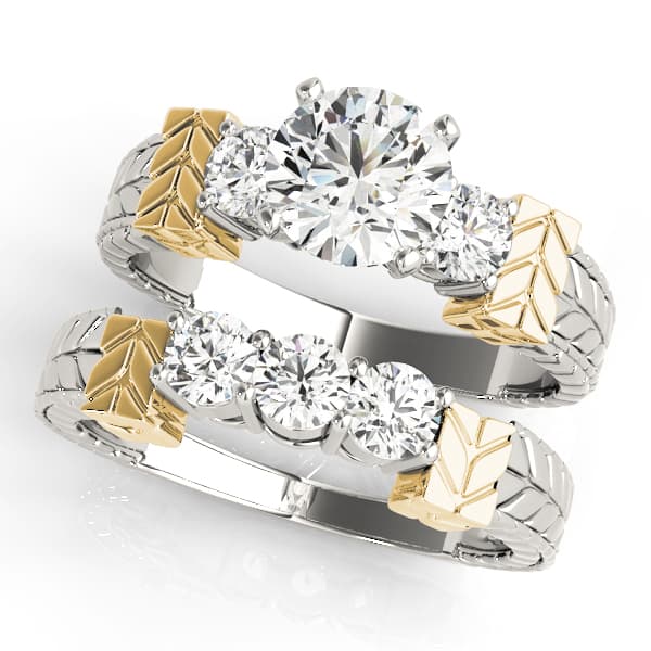 3 Stone Round Engagement Ring, style 81859, On hand view in yellow gold