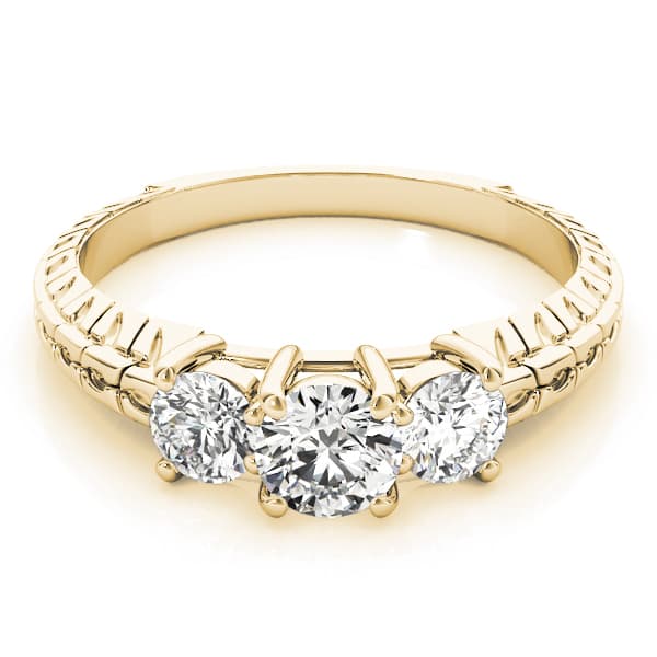 3-Stone Filigree Round Engagement Ring, style 82338, On hand view in yellow gold