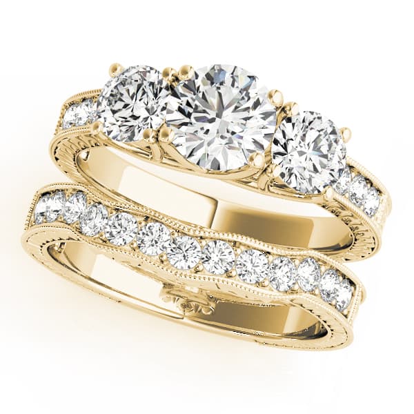 Vintage Style 3-Stone Filigree Engagement Ring, style 82820, On hand view in yellow gold