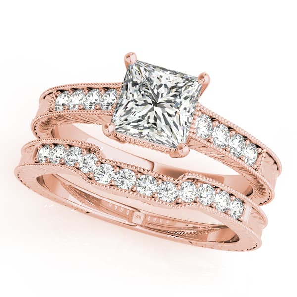 Antique Style Filigree Milgrain Engagement Ring, style 82856, On hand view in rose gold