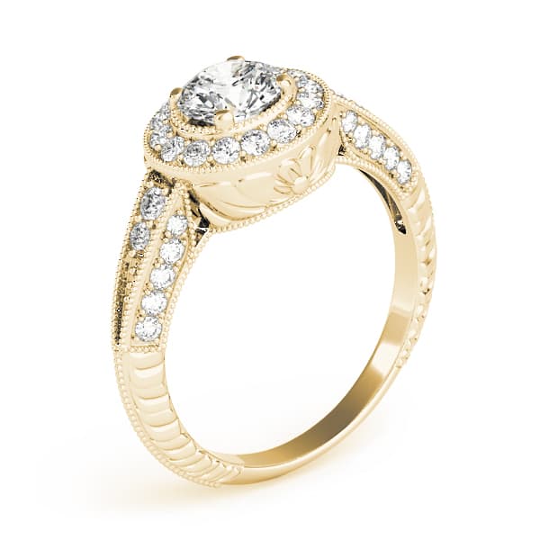 Vintage Inspired Milgrain Round Halo Engagement Ring, style 83267, Angle view in yellow gold