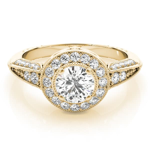 Vintage Inspired Milgrain Round Halo Engagement Ring, style 83267, On hand view in yellow gold