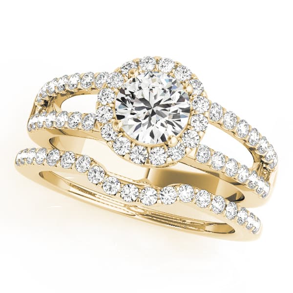 Double Row Split Shank Halo Engagement Ring, style 83493, On hand view in yellow gold