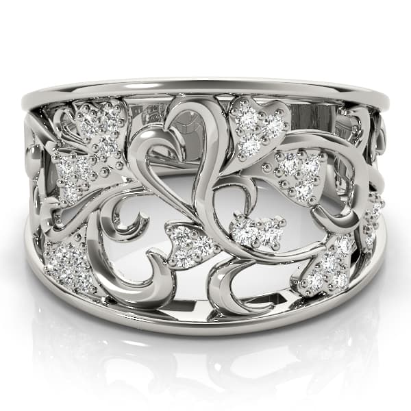 Filigree Heart Shaped Wedding Rings (0.15 ct. tw.), On hand view in white gold or platinum