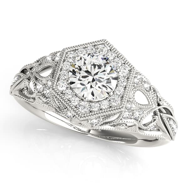 Vintage Milgrain Halo Hexagon Shaped Engagement Rings — style 84676 in 10k White Gold