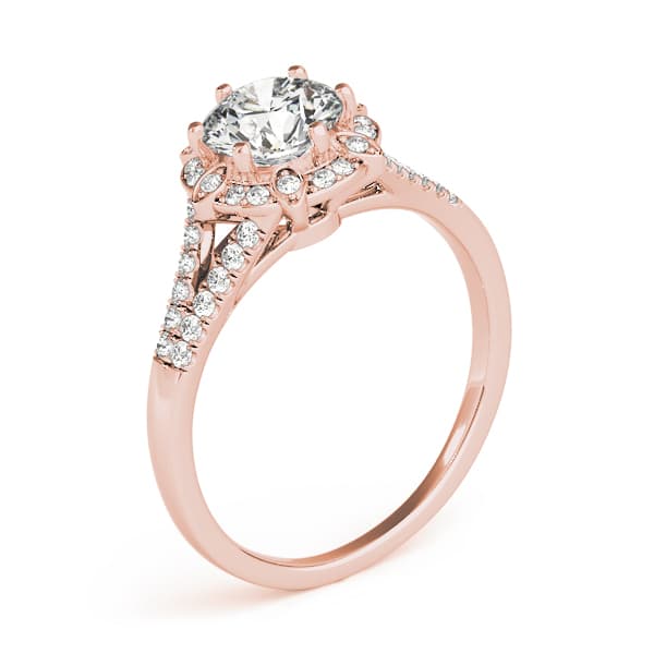Floral Halo Split Shank Engagement Ring, style 84882, Top view in rose gold