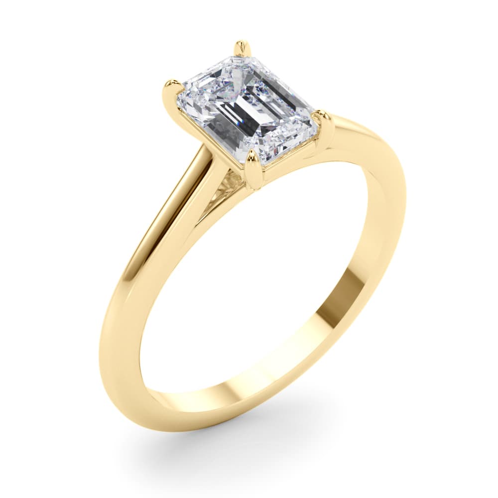 Solitaire Cathedral Emerald-Cut Engagement Ring, style 85194, Angle view in yellow gold