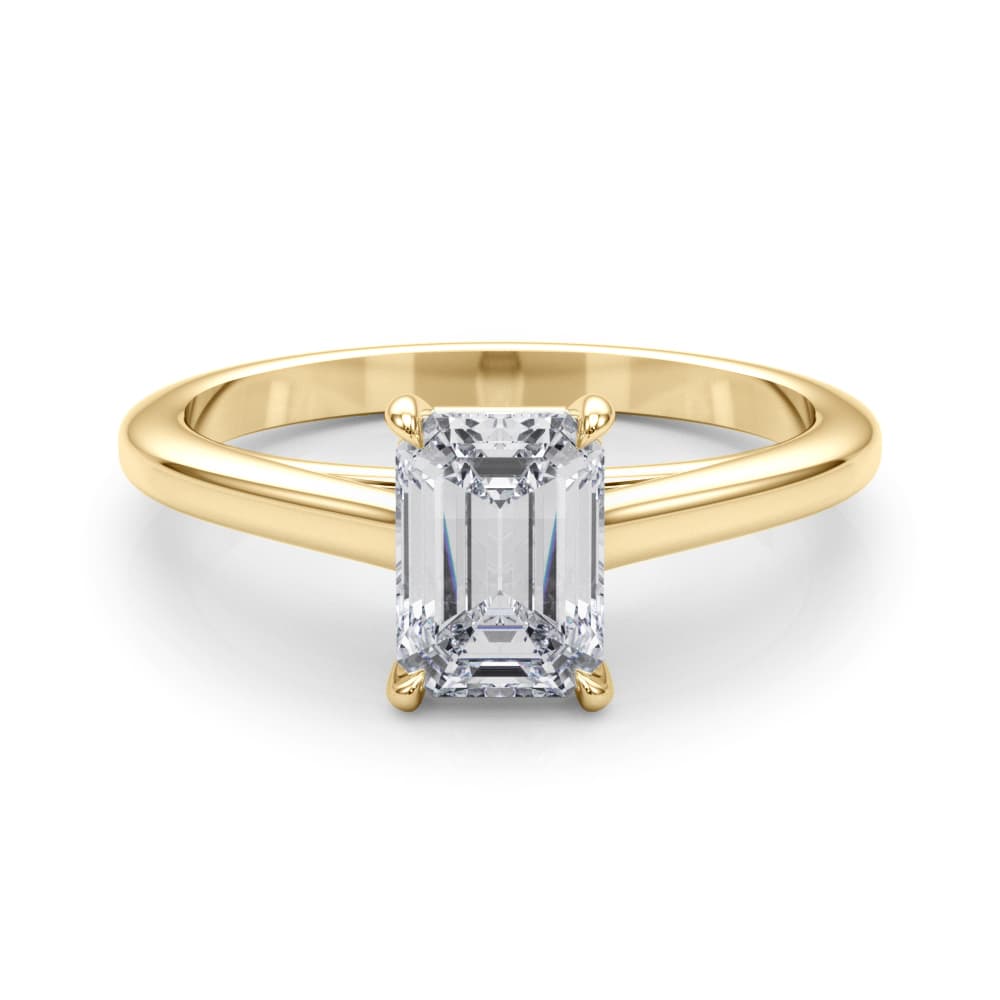 Solitaire Cathedral Emerald-Cut Engagement Ring, style 85194, On hand view in yellow gold