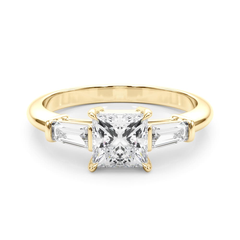 3 Stone Ring Sq ctr Tb Sides, style 85338, On hand view in yellow gold