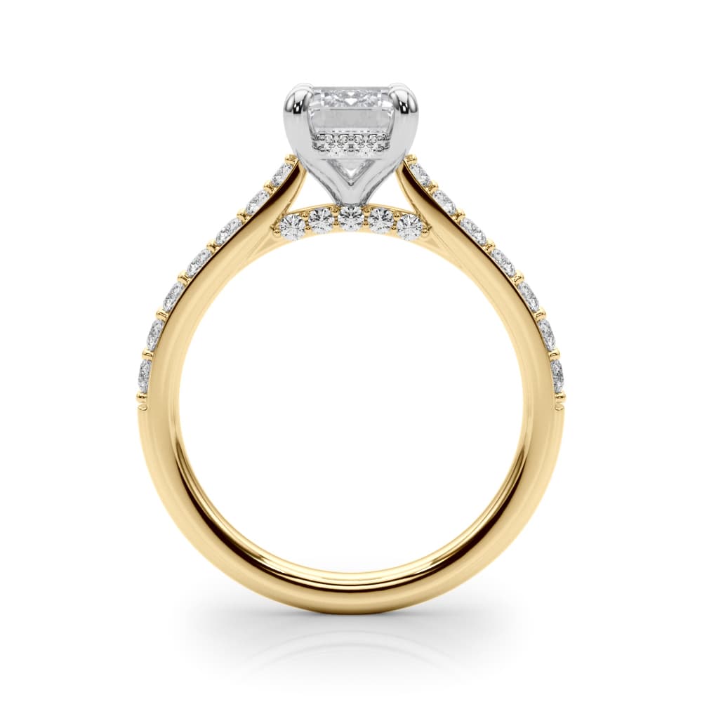 Prong Set Emerald Cut Hidden Halo Engagement Ring, style 85476, Side view in yellow gold