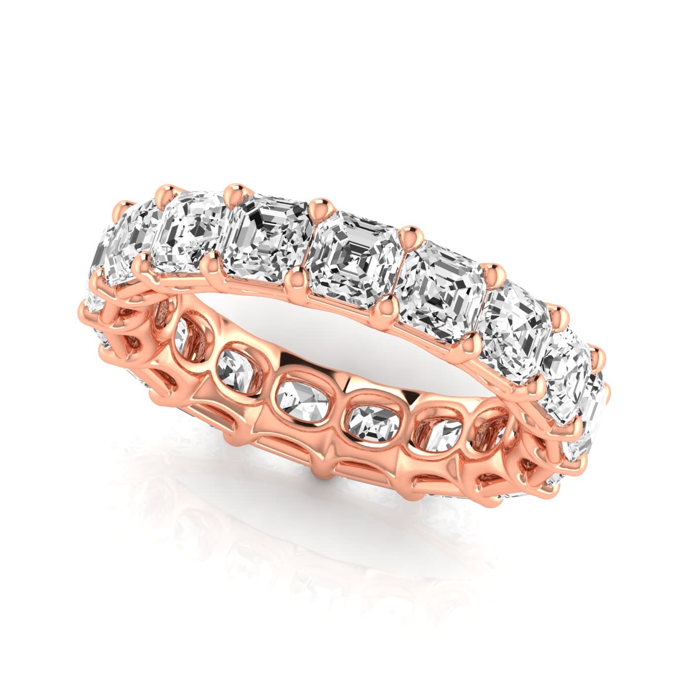 Full Eternity Asscher Diamond Wedding Band (5.94 ct. tw.), Front view in rose gold