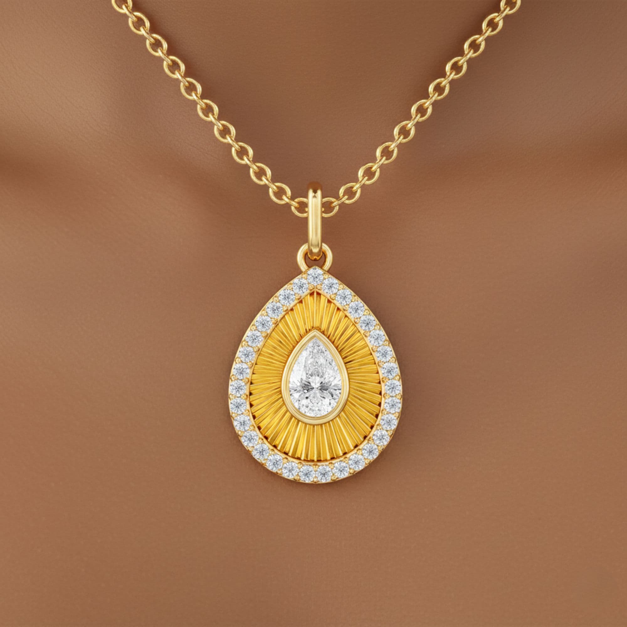 LGD Fluted Pear Halo Pendant (0.8 ct. tw.), Front view in yellow gold