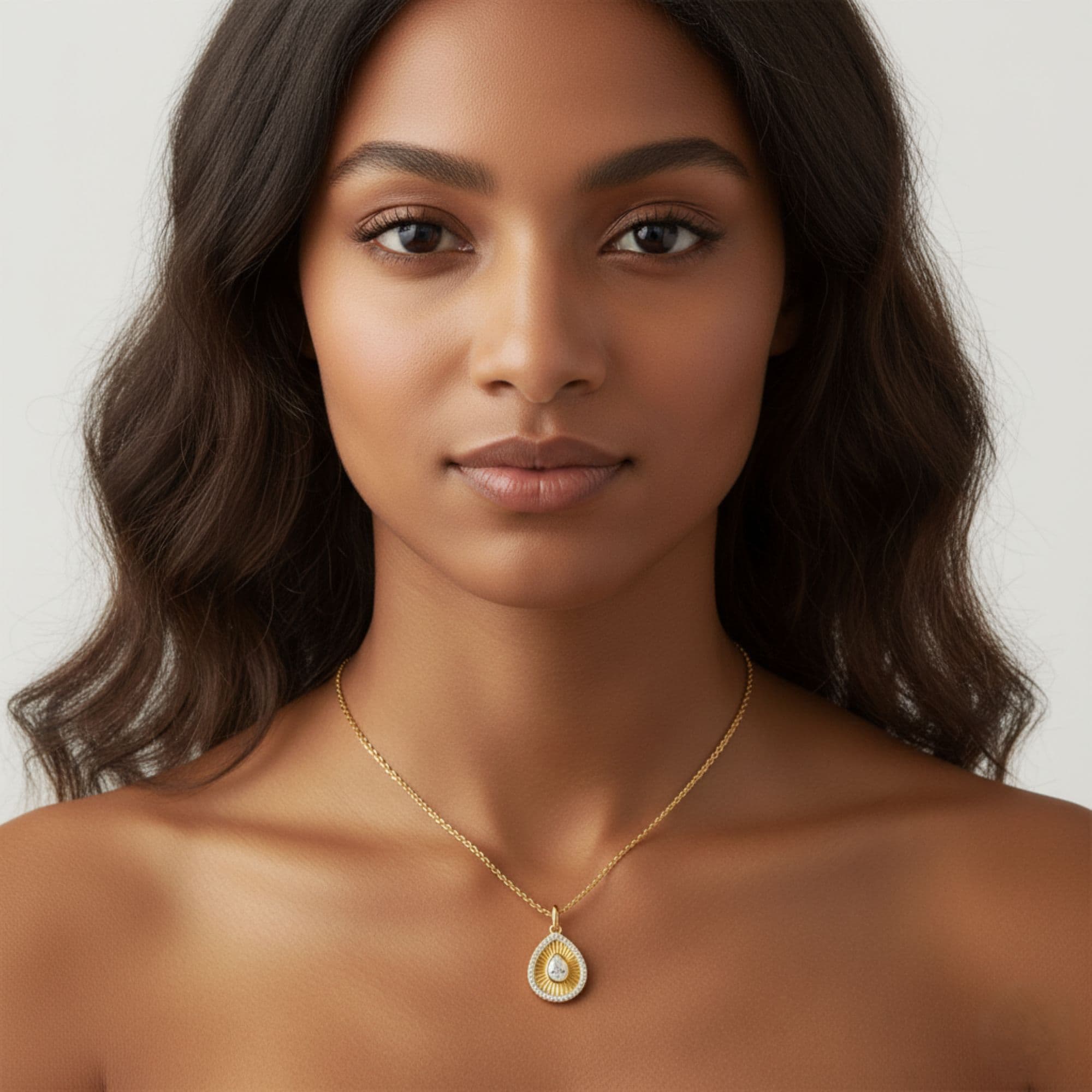 LGD Fluted Pear Halo Pendant (0.8 ct. tw.), Angle view in yellow gold