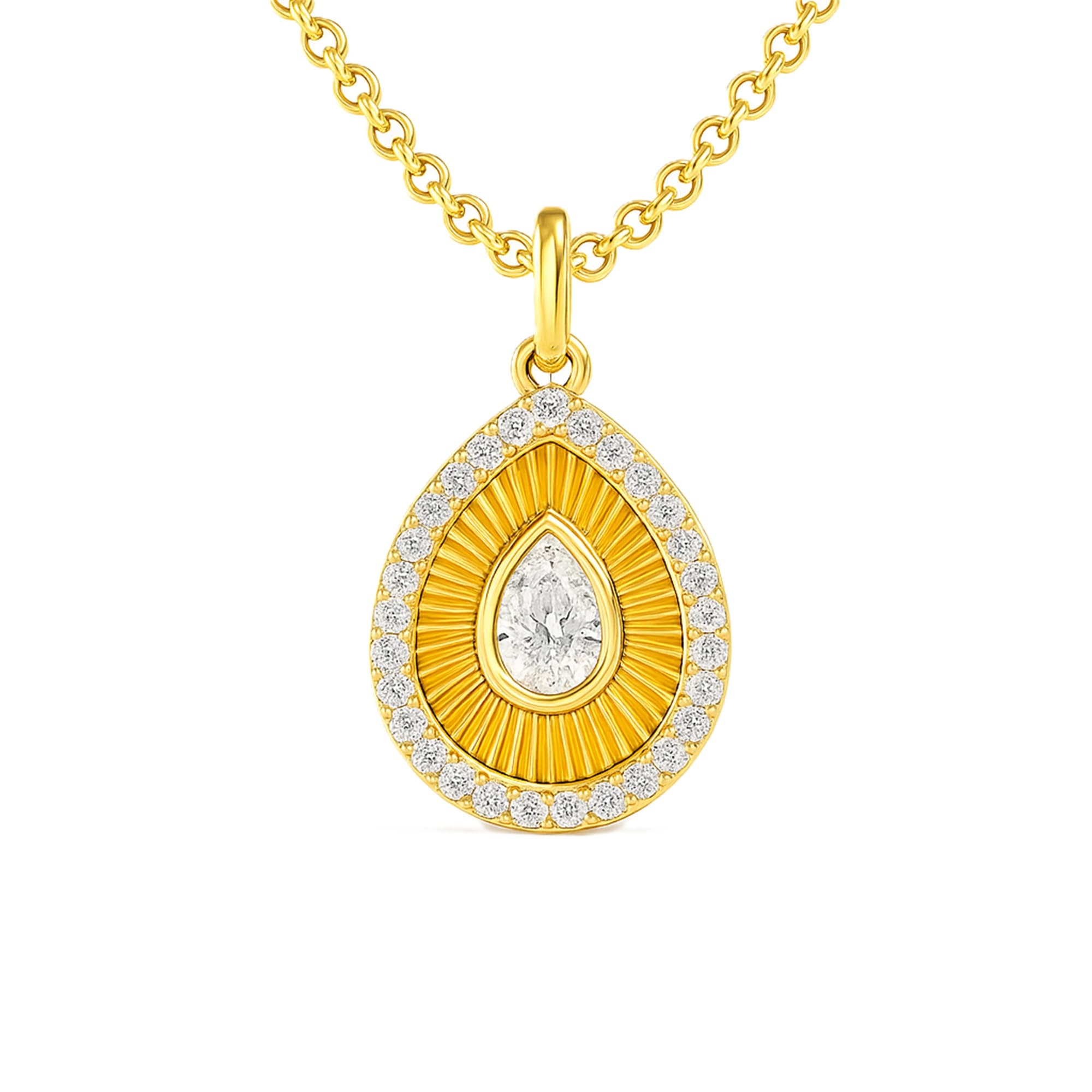 LGD Fluted Pear Halo Pendant (0.8 ct. tw.), On hand view in yellow gold