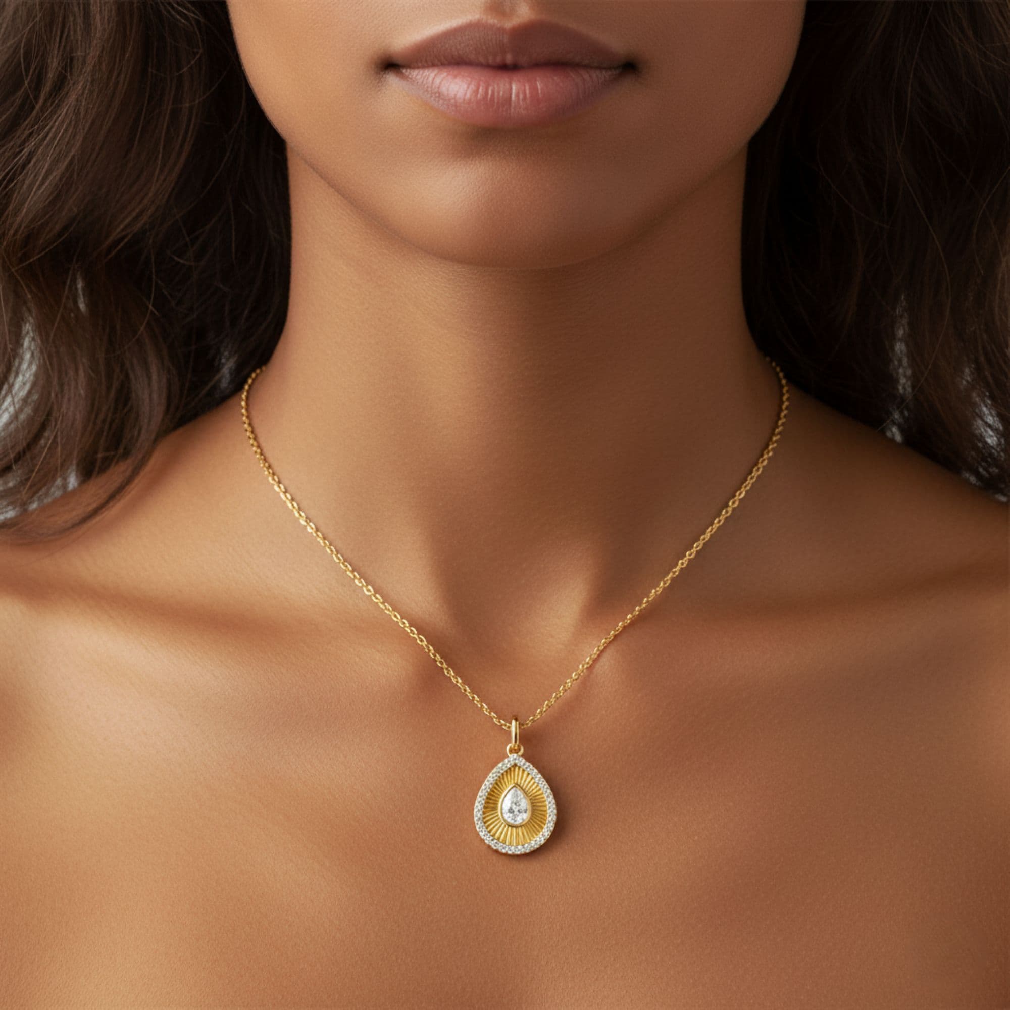 LGD Fluted Pear Halo Pendant (0.8 ct. tw.), Side view in yellow gold