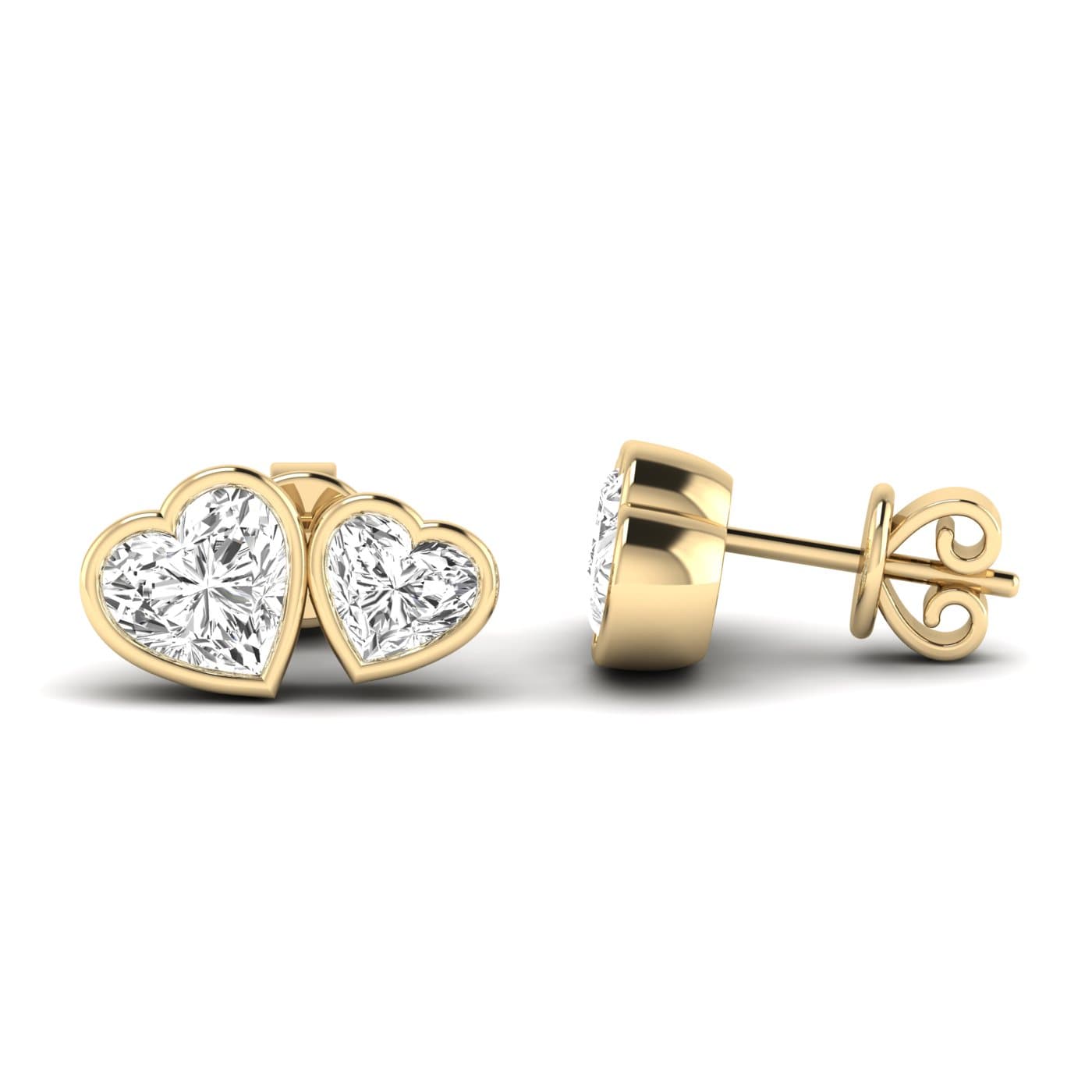 Lab Diamond Heart Toi-Et-Moi Bezel Studs 3 Ctw (3 ct. tw.), Side view in yellow gold