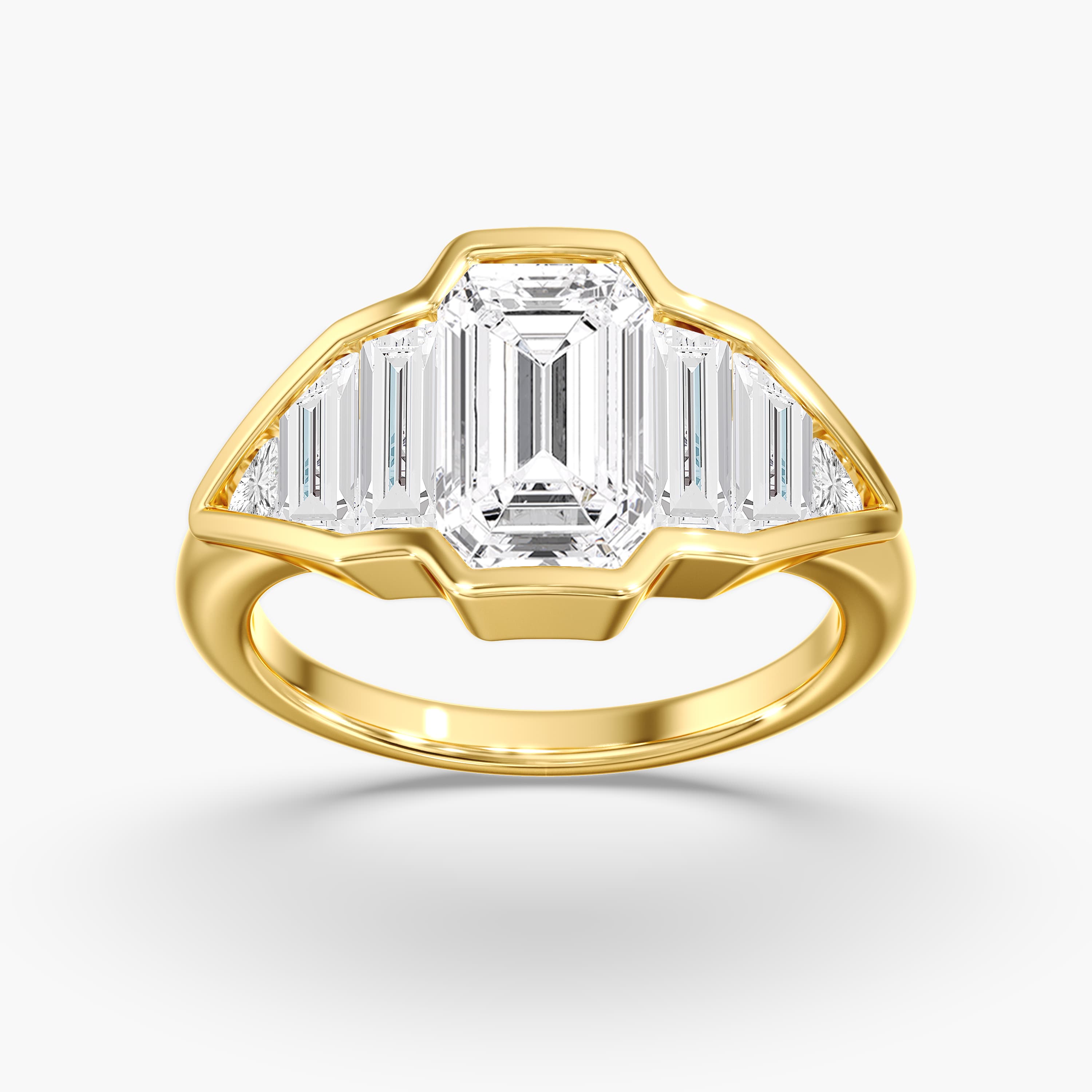 Lab Diamond Emerald Cut & Baguette Ring 4 1/2 Ctw (4 1/2 ct. tw.), On hand view in yellow gold